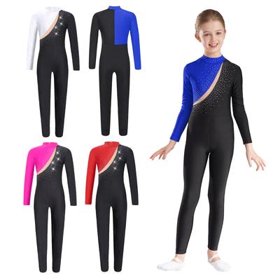 Kinder Mädchen Gymnastikanzug Gymnastikanzug Einteiler Langarm Glänzender Strass Kontrastfarbe Bodysuit Skating Jumpsuit