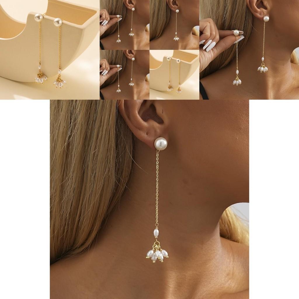Modern Geometric Pearl Earrings Gold Tassel Chain Long Dangle Earrings For Women