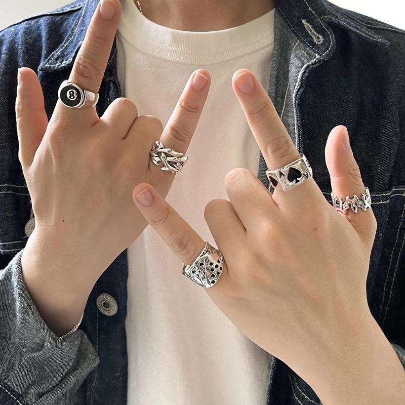 5 Pieces Punk Poker Billiards Rings for Women Funny Goth Hip Hop Retro Fashion Male Couple Birthday Festival Jewelry