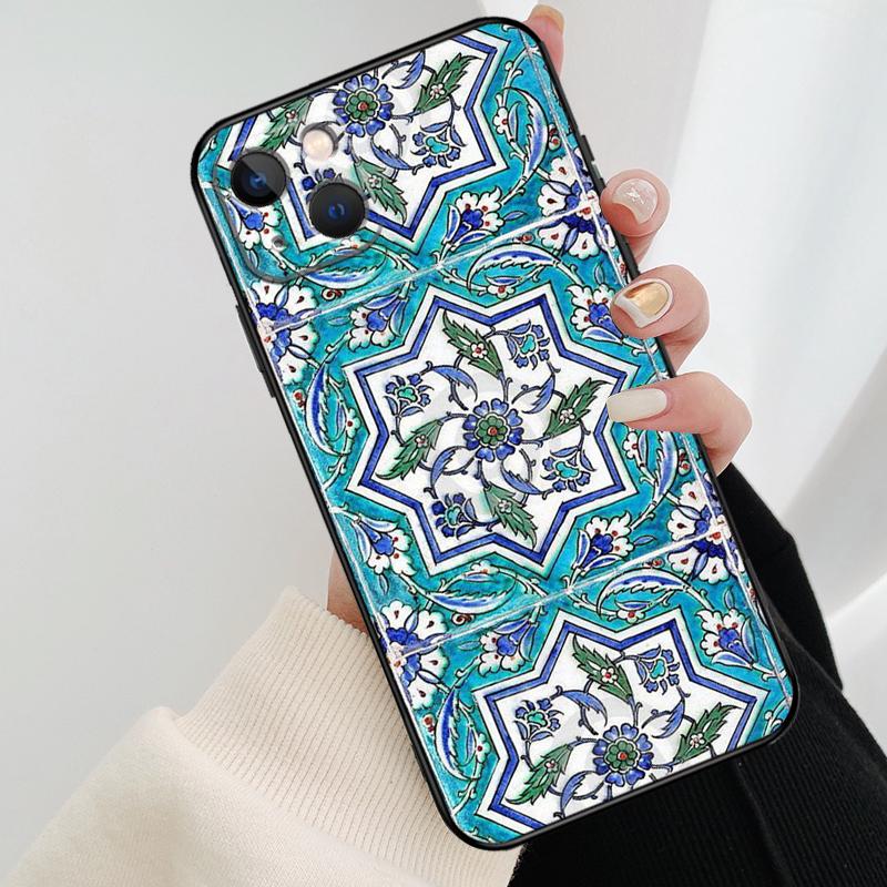 Square Turkish Flower Tiles Phone Case For iPhone 17 Pro Max 14 13 12 11 15 16 Pro Max mini 15 16 Plus 16e 17 Air Cover