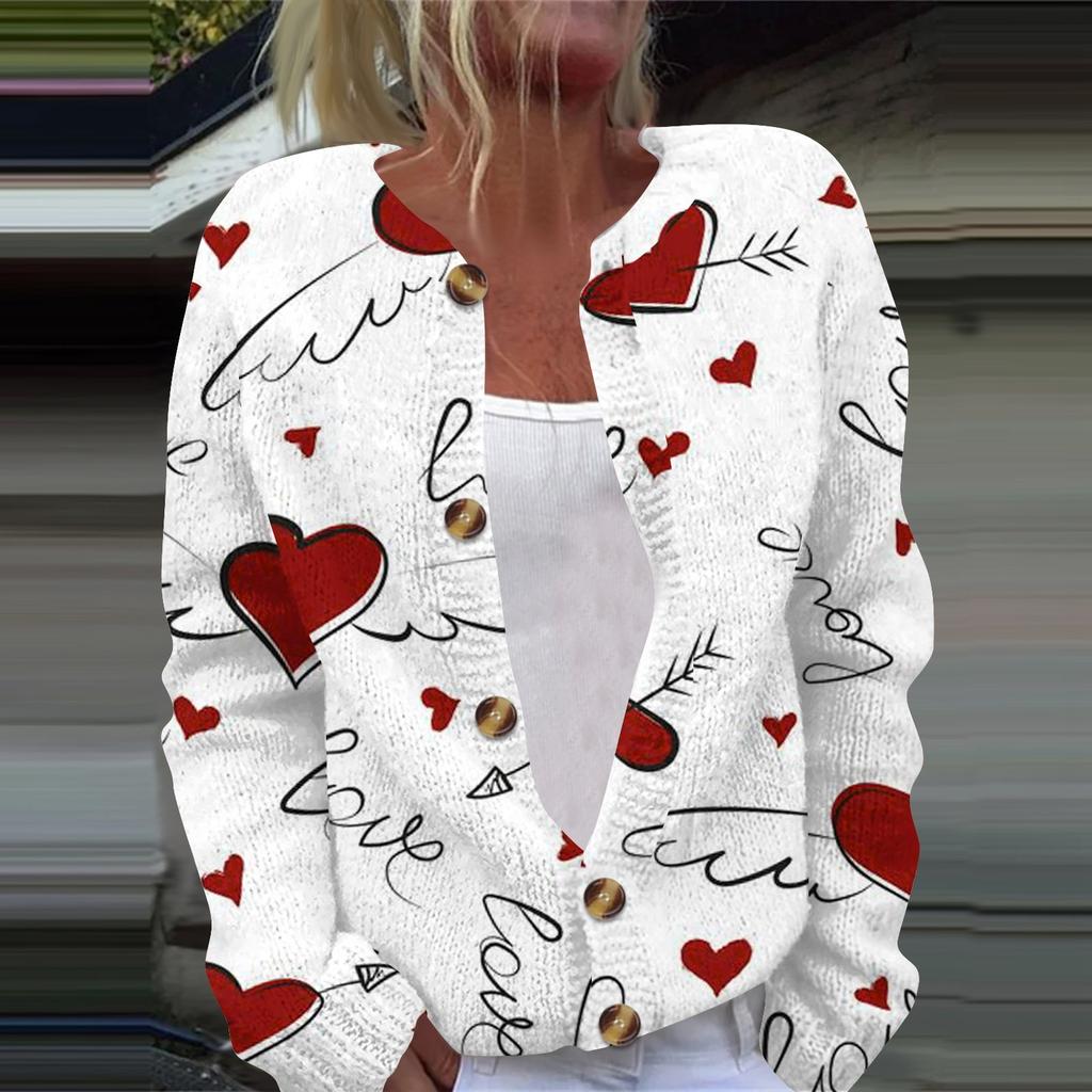 Women's Fashion Printed Valentine's Day Long Sleeved Knitted Cardigan Button Down Jacket