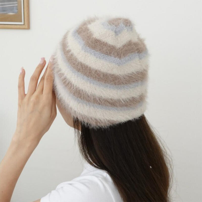Women s Winter Color Block Striped Fur Knit Warm Beanie beige