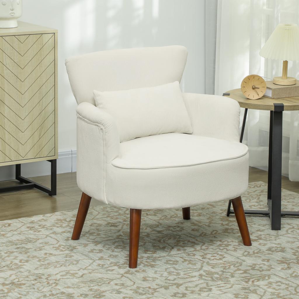 Modern Armchair, Upholstered Accent Chair with Lumbar Cushion, Rubberwood Legs, Cream White