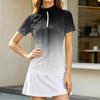 Women's Casual Short Sleeve Zipper Gradient Print Lapel Collar Top with Side Pockets for Everyday Wear