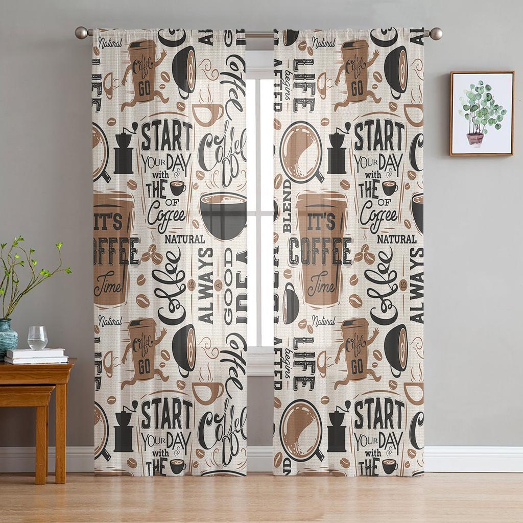 Coffee Coffee Beans Coffee Cup Sheer Curtains for Living Room Decoration Window Curtains Kitchen Tulle Voile Organza Curtains