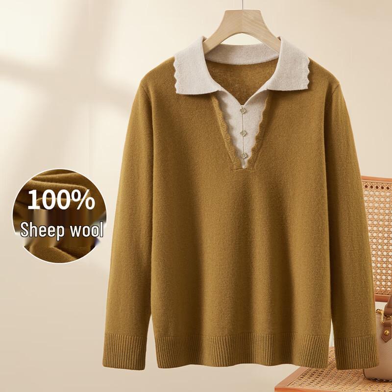 

Women s Thick 100% Wool Fake Two-Piece Lapel Color-Block Pullover Sweater L