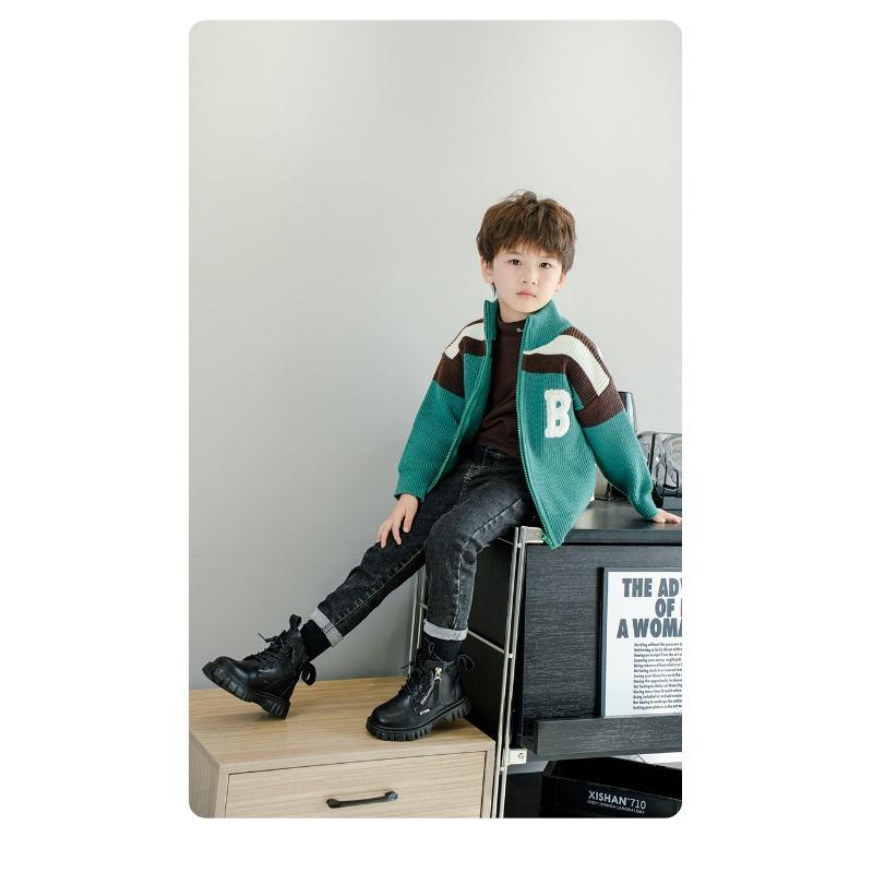 Fashion retro children's Martin boots autumn and winter new leather single boots velvet British style casual non-slip boys short boots