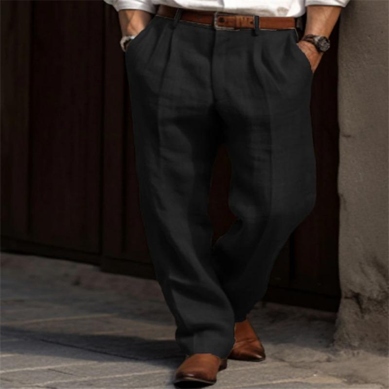 Men Linen Blend Pleated Dress Pants High Waist Straight Leg Casual Trousers