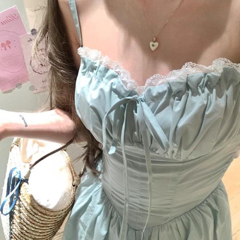 Mint green sexy halter strap suspender dress women's summer seaside vacation waist temperament long skirt