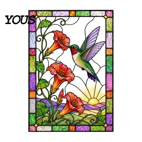 Decorative Glass Door Cling Stained Static Window Clings, Hummingbird Flower Stickers, Removable Repeatedly Used Sticker PVC Decals for Home