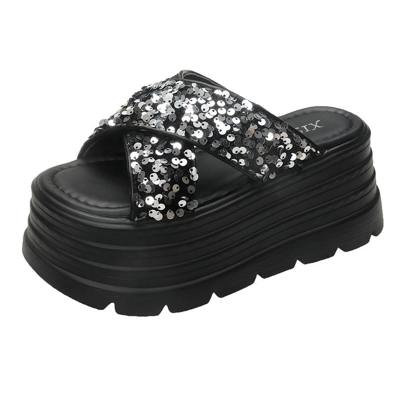 Fashion 8.5cm Synthetic Slip On Platform Wedge Fashion Sandal Bling ROME Ladies Beach Shoes Peep Toe Pumps Summer Slippers Fashion Shoes