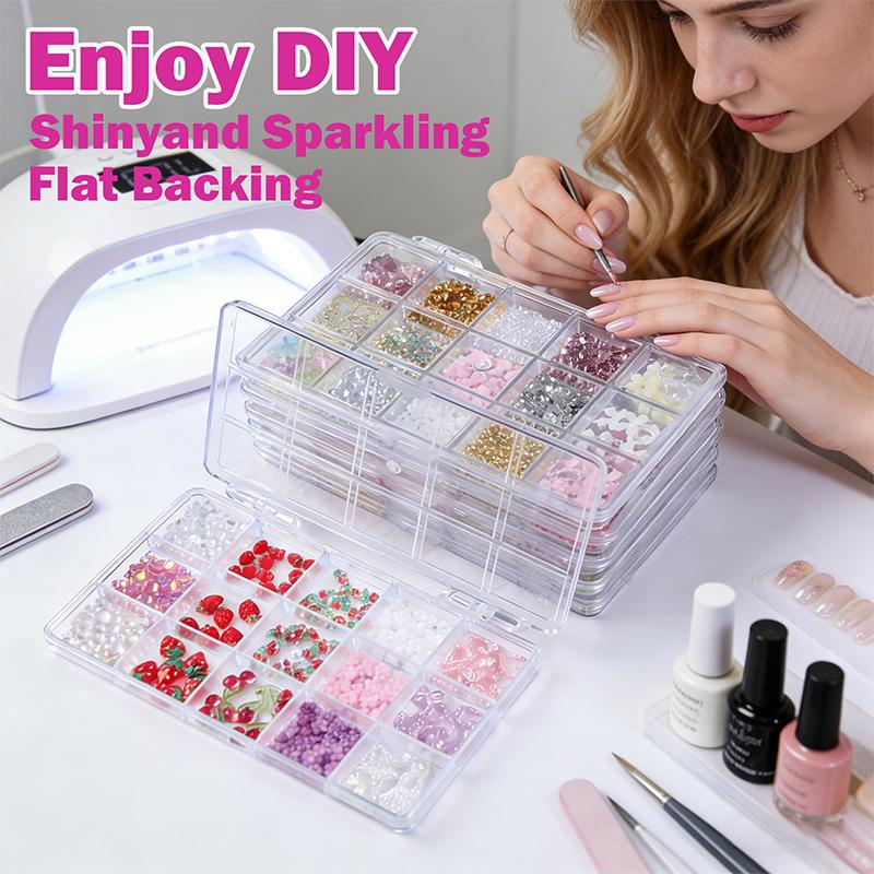 12/15 Grids/Box 3D Nail Art Decoration Kit With Resin Bowknot Pearls Heart & Assorted Shapes Kawaii Nail Charms Diy Manicure Art