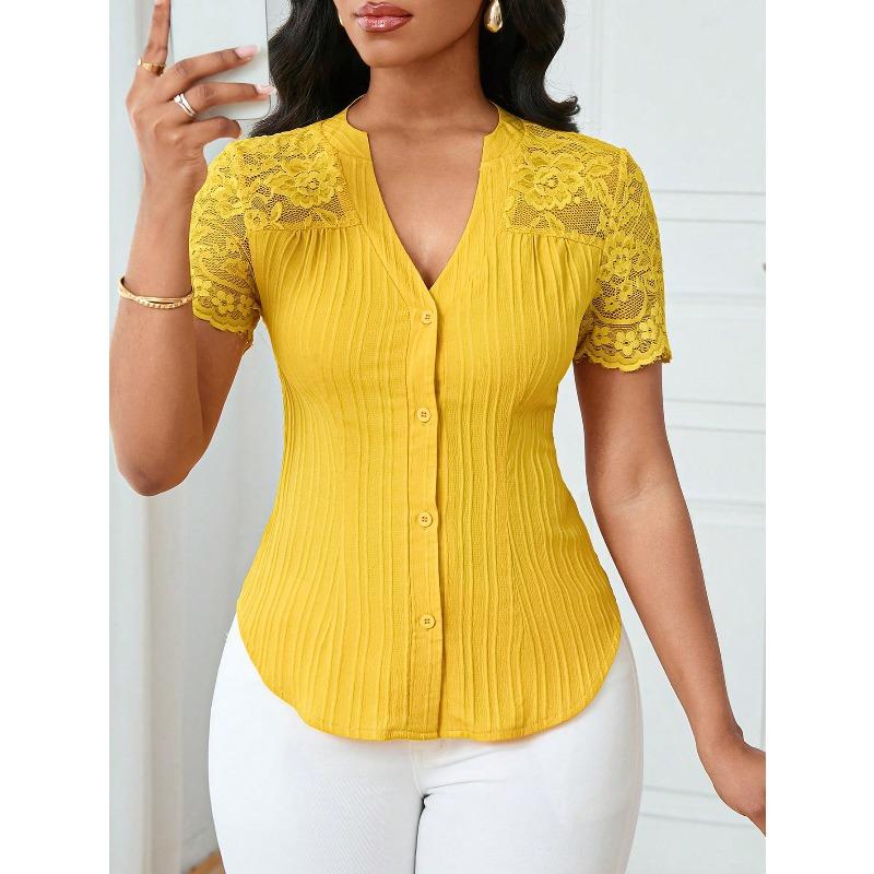 YYFS Damenmode, lässig, Sommer, Frühling, einfarbig, bedruckt, kurzärmelig, V-Ausschnitt, Blusen und Hemden