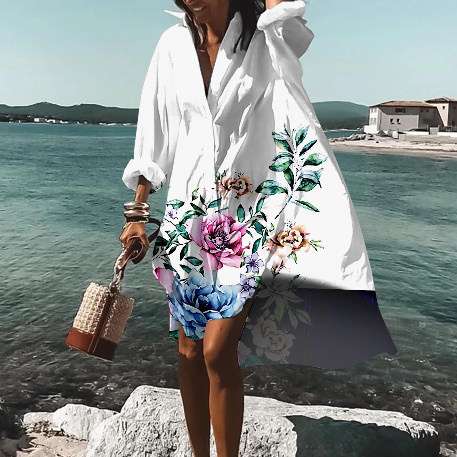 

Женское летнее богемное платье, повседневное платье-рубашка с принтом для женщин, модное пляжное гавайское платье с длинным рукавом, Клубная одежда на пуговицах XL