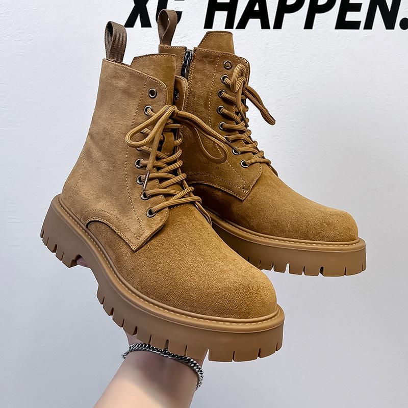 Men's new high-top Martin boots British style thick-soled heightened large-size lace-up velvet medium-top boots Men's 3302-A