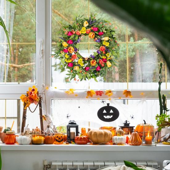 18" Tulip Wreath for Front Door Spring Summer Artificial Floral Garland with Eucalyptus Flowers for Indoor Outdoor Porch Window Wall Decor