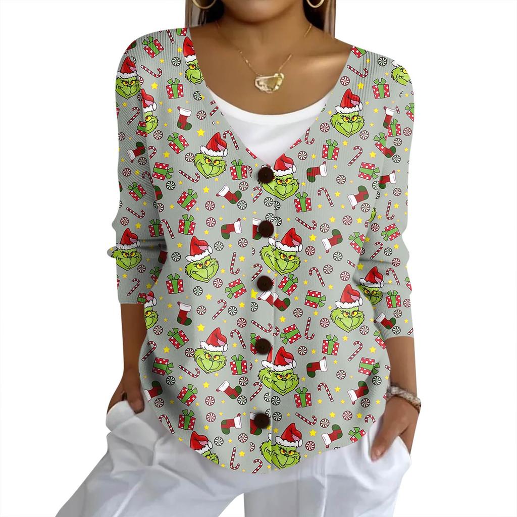 Mote for kvinner, avslappet strikket genser med knapper, cardiganjakke med juleprint