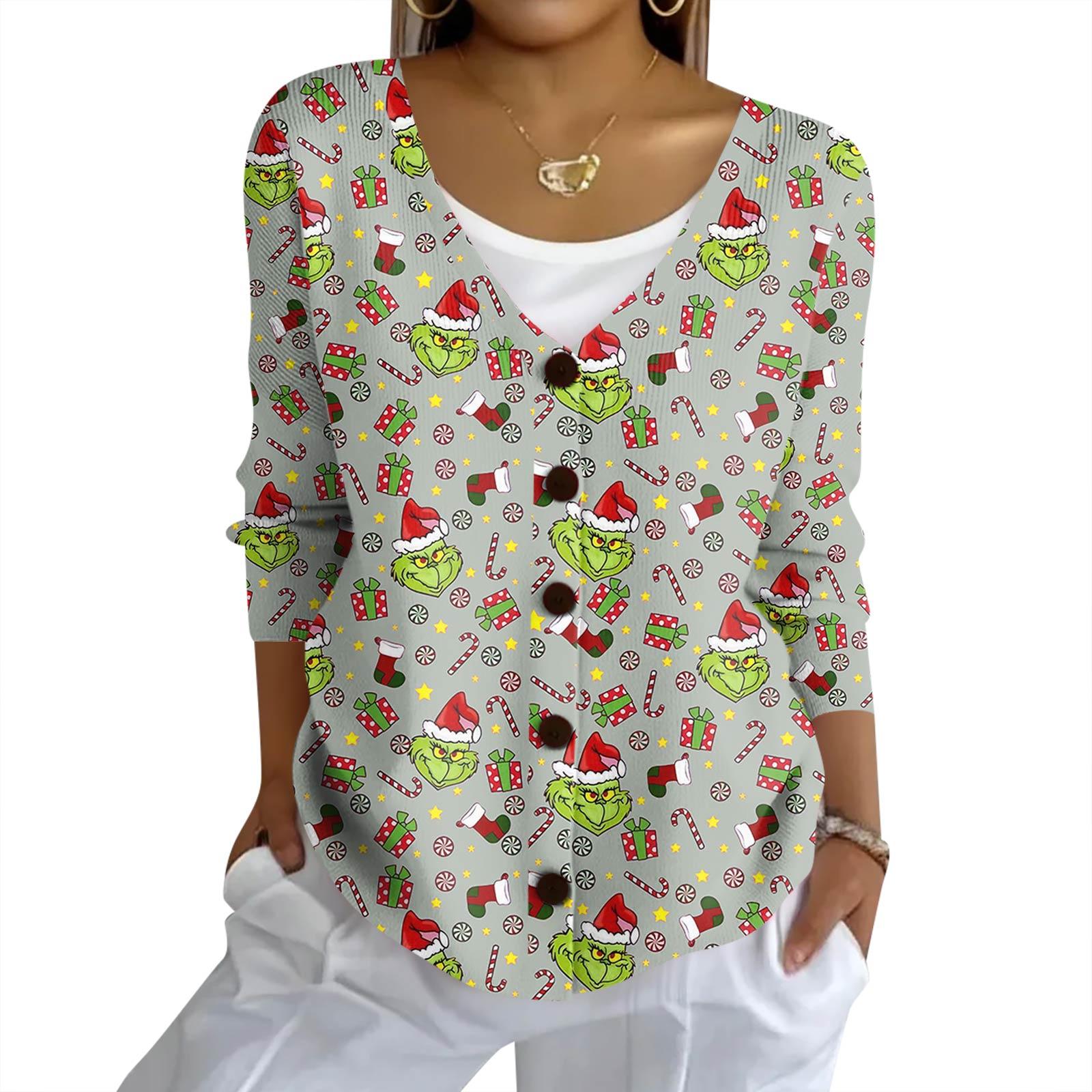 

Женский модный повседневный вязаный свитер на пуговицах, кардиган-жакет с рождественским принтом L