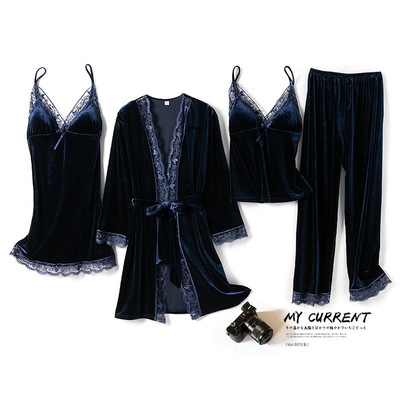 Golden velvet pajamas four-piece female sexy