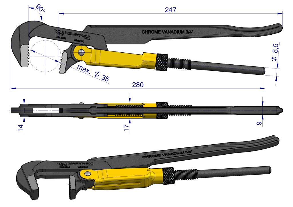 Szczypce Nastawne 0,75" Szwedzkie Do Rur Szczęki Typ 90° O Rozstawie Max 35Mm Długość 280Mm Waryński