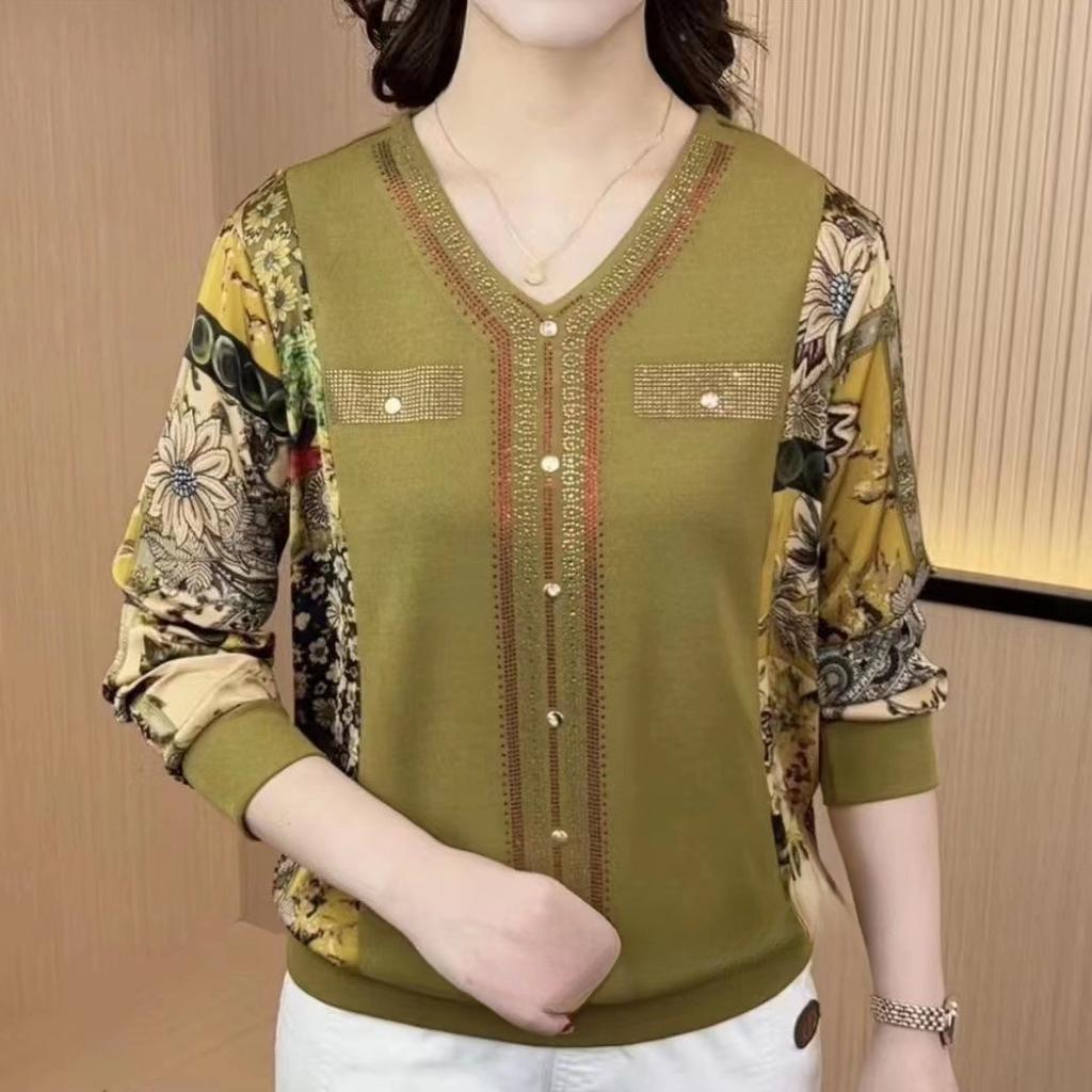 Long-sleeved T-shirt for Women V-neck Ironing Diamond Autumn New Style Mother Suit Loose Belly Slimming Large Size Women's Top
