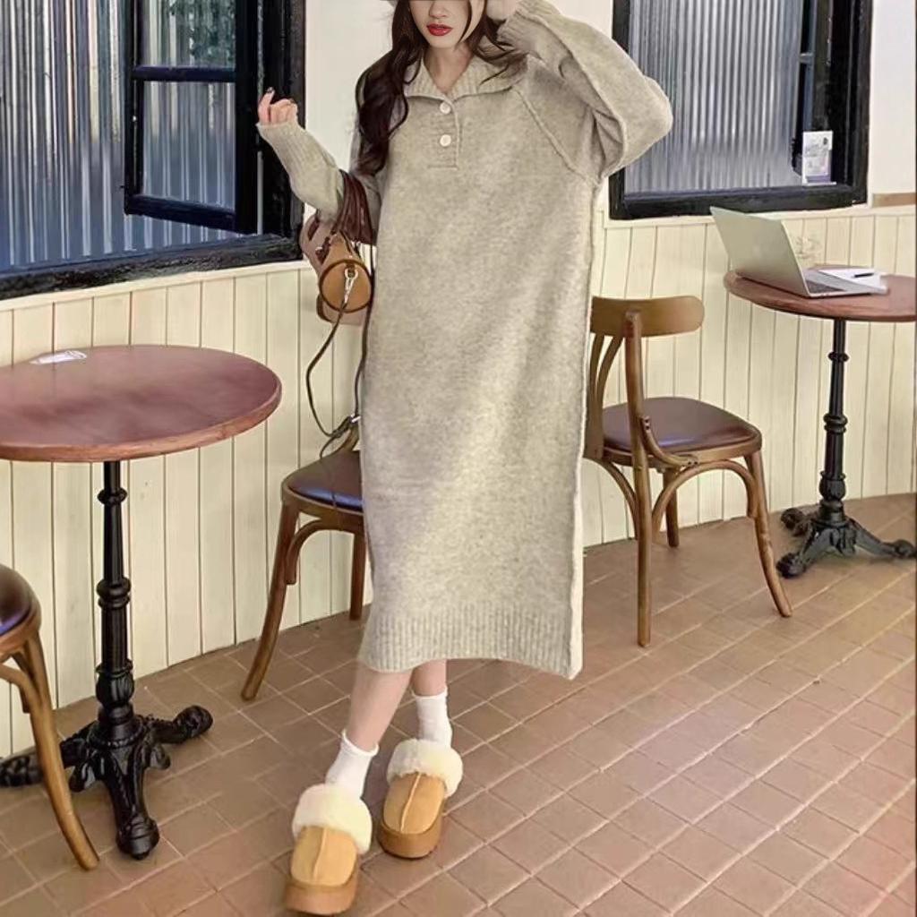 Lapel Sweater Skirt Women's Long Autumn and Winter New Loose Lazy Wind Over the Knee Base with Knitted Dress Inside