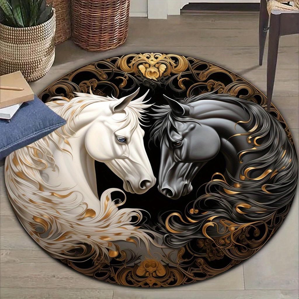 Twin Tiger Head Round Area Rug White Bengal Circular Floor Carpet Art Floral Welcome Mat for Home Living Room Bed Decor