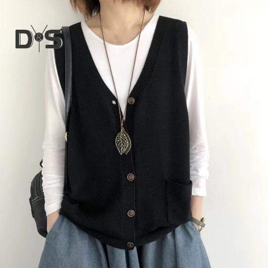 Women Knitting Vest V-Neck Sleeveless Single Breasted Warm Waistcoat Solid Color Loose Fit Knitted Tank Tops with Pockets
