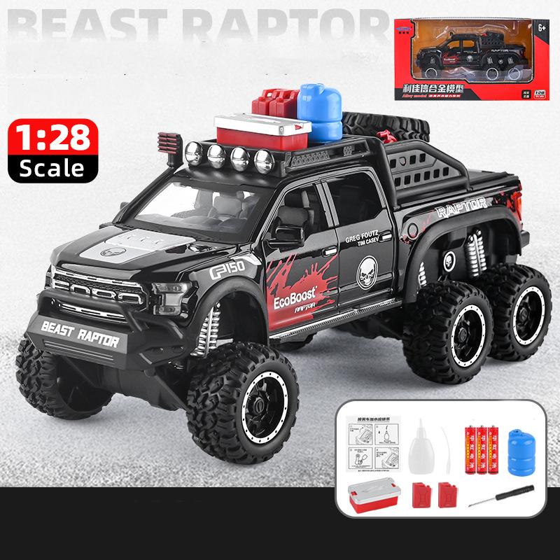 La scară 1/28 Ford Raptor F150 6X6 Pickup Truck Model de mașină de jucărie turnată sub presiune, Vehicul de jucărie cu sunet și lumină pentru copii mici, colecție de cadouri
