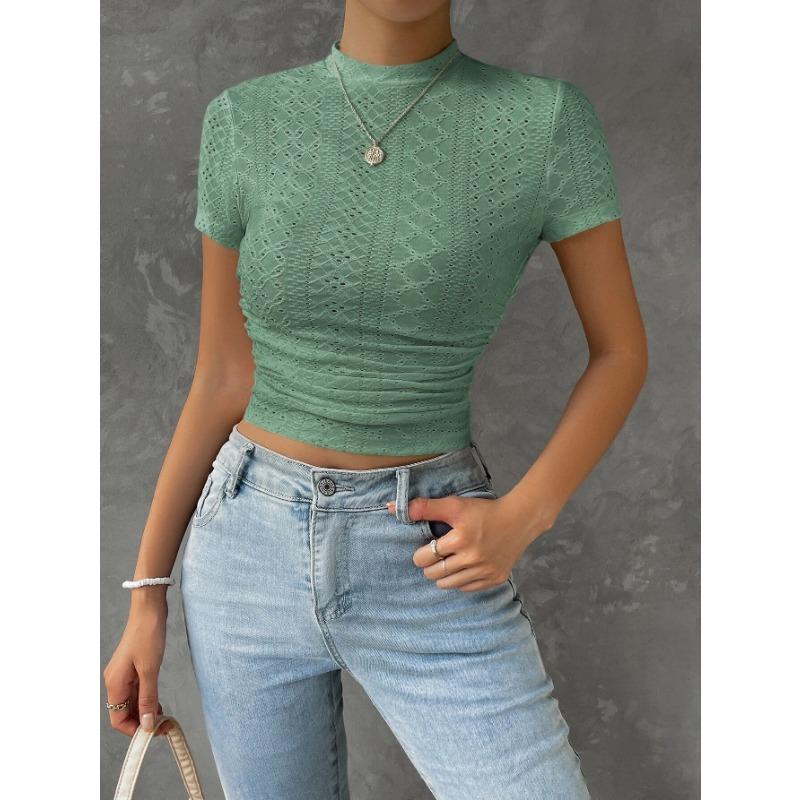 Summer Slim Fit Solid Color Spicy Girl Short Sleeved Hollow Exposed Navel Short Shirt for Women T-Shirts Women’s