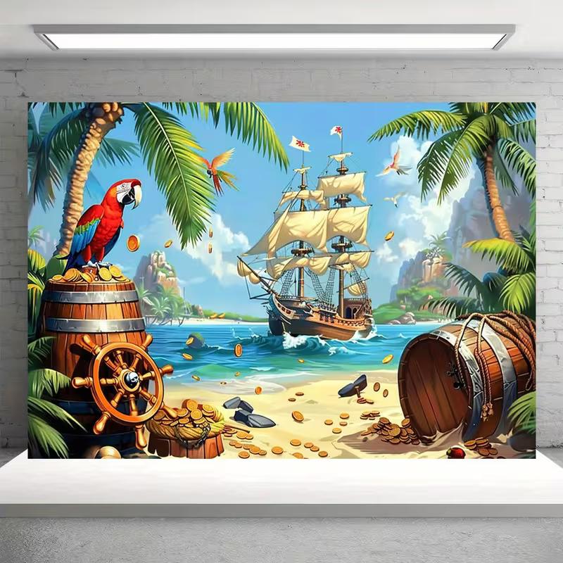 Cartoon Style Tropical Beach Background Cloth with Parrot and Gold Coins 47.2x31.5inch/120*80cm