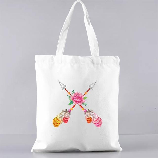 Grundlegende Einkaufstasche im koreanischen Stil, passend zu allen Gelegenheits-Schultertaschen für Pendler, Farbe mit Federmuster, bedruckte Canvas-Lebensmitteltaschen