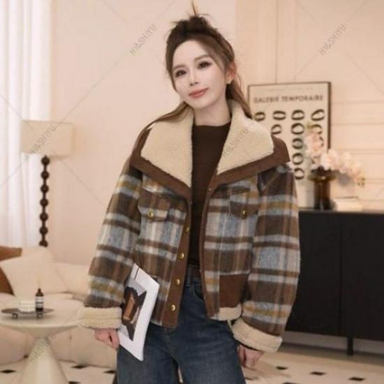 

Женская клетчатая куртка из шерсти ягненка с флисом - Утолщенное шерстяное пальто для осени/зимы S 80-95cm
