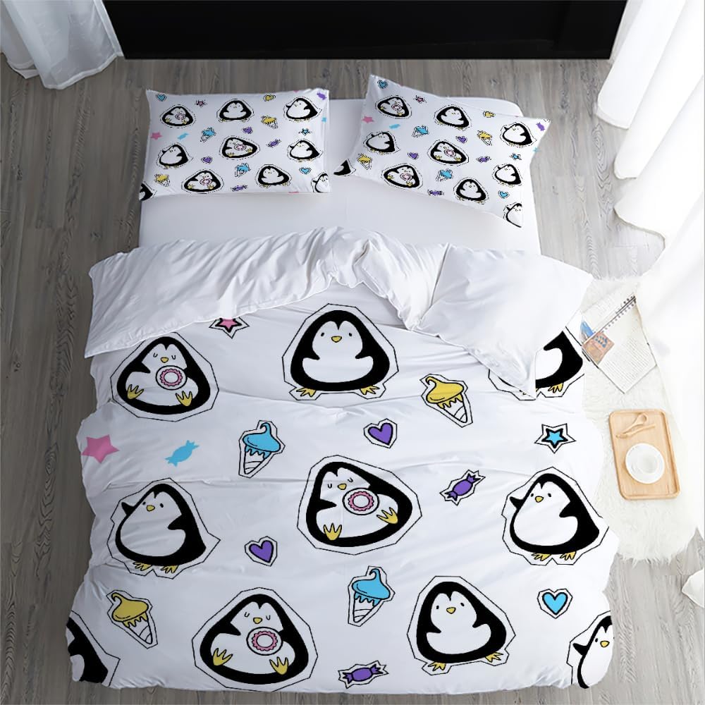 3D Little Penguin Comforter Cover with Pillowcases 50x75 Cm, Penguin Duvet Cover 2 Pieces Set for Children's Room Decoration