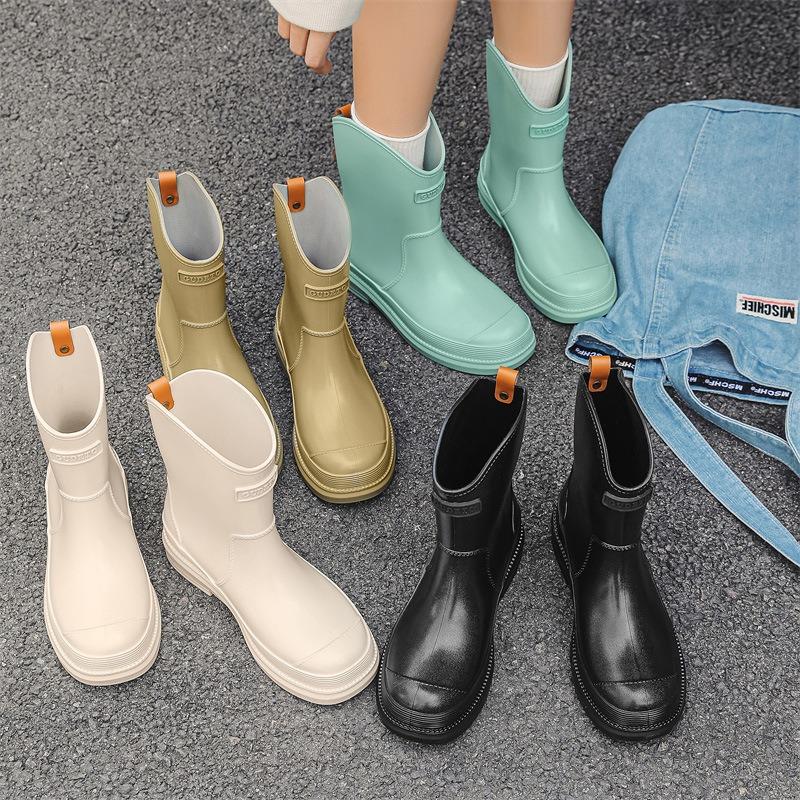 Non-slip women's rain shoes adult medium tube women's waterproof water shoes outdoor kitchen work rain boots velvet rubber shoes