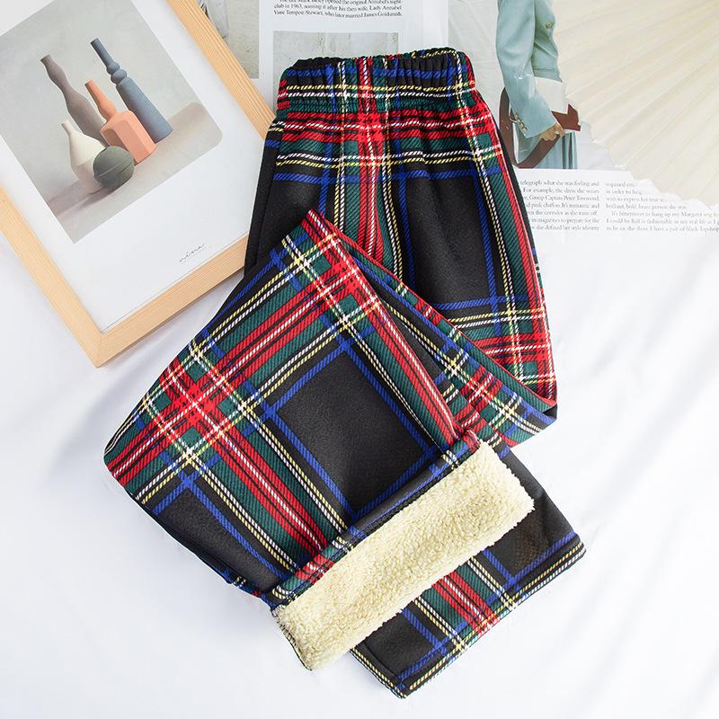 Women's High-Waist Black & White Plaid Wide-Leg Pants - Slim, Versatile, Casual, Loose, with Velvet, Ideal for Autumn and Winter