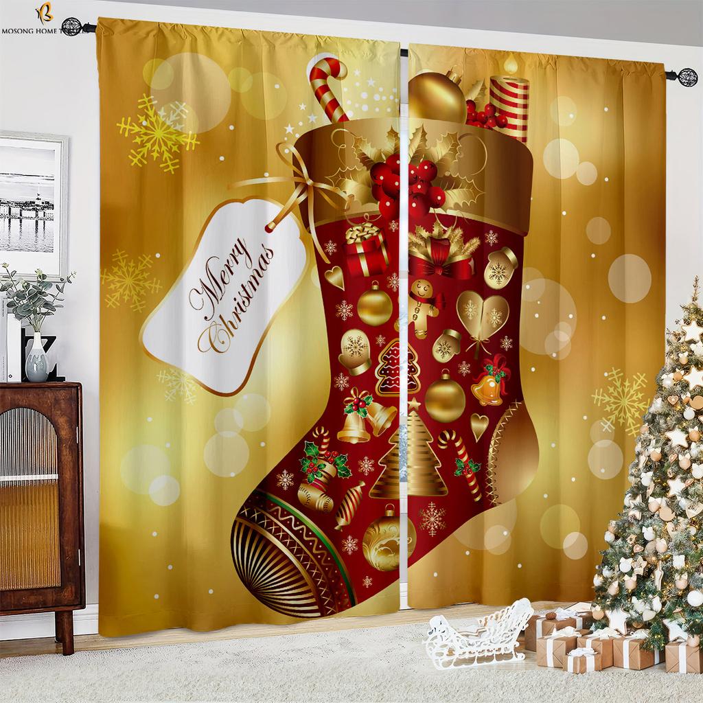 Weihnachtsvorhänge Weihnachtsmann Schneeflocke Kugel 3D-Vorhänge Schlafzimmer Restaurant Neujahr Feiertagsfeier Dekoration Vorhänge 2 Stück