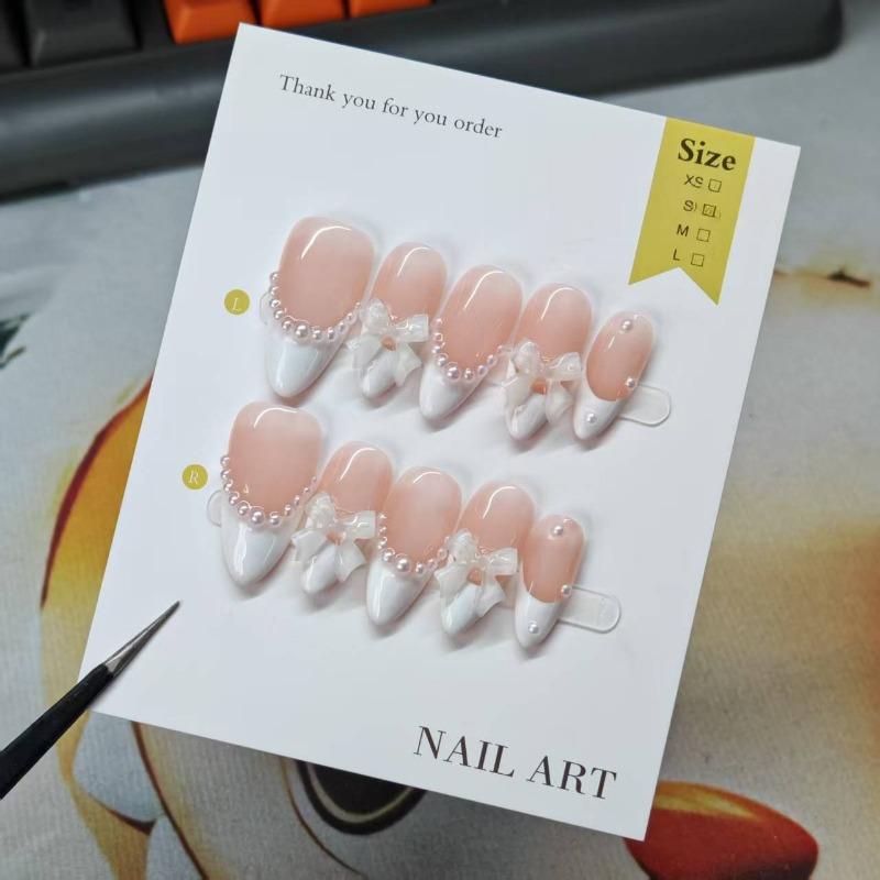 3D Flower And Water Ripple Nail Decoration White And Nude Color French Manual Nails 100% Handmade Press On Nails Almond 10Pcs Fake Nail Tips Reusable