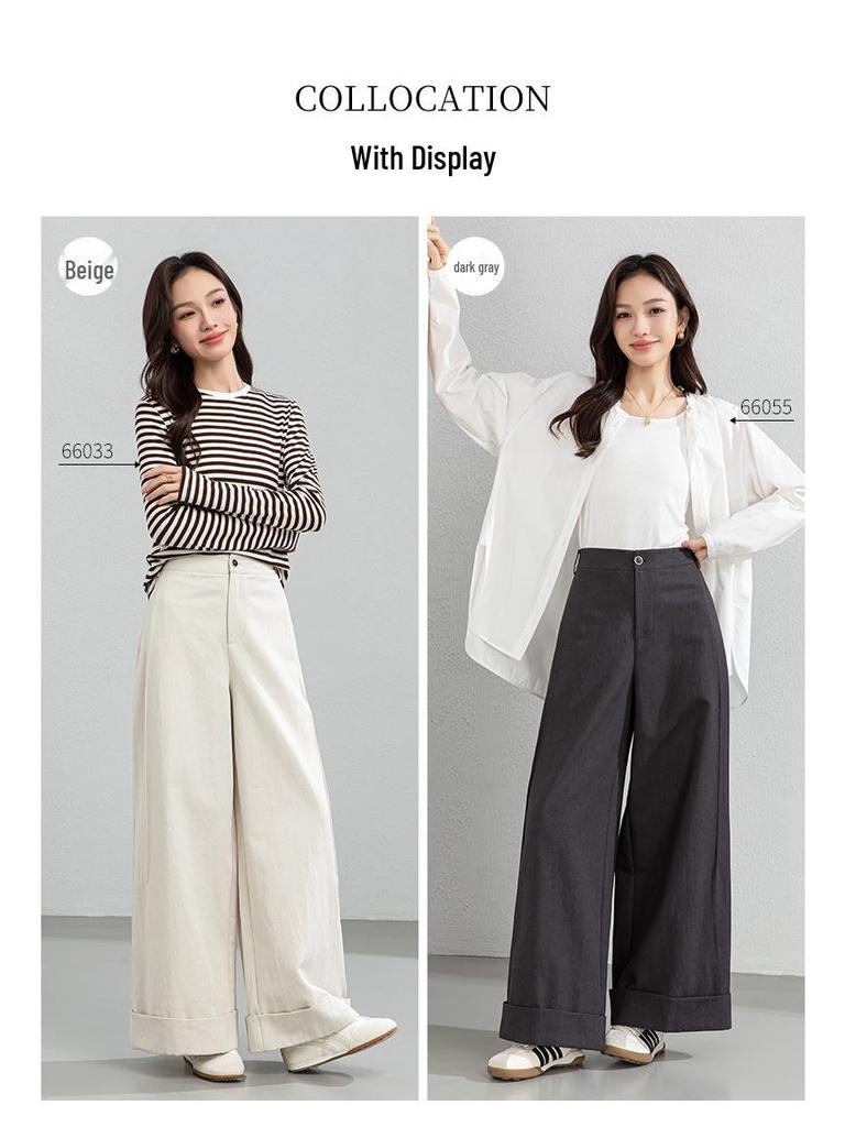 Xin Ge Women's Spring Tencel Cotton High Waist Wide Leg Pants with a Lazy Style Design