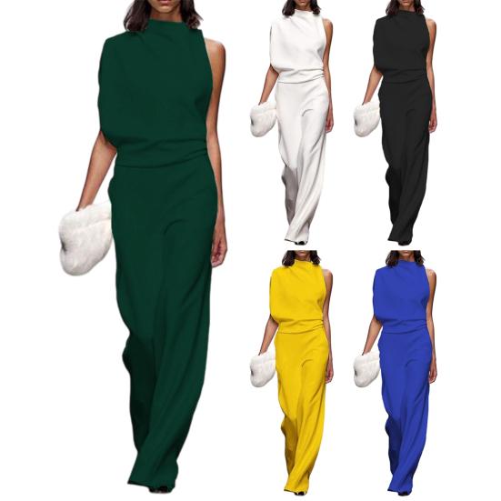 One Piece Jumpsuits for Women Casual Sleeveless Mock Neck Wide Leg Rompers Summer Ruched Vacation Outfits with Pockets