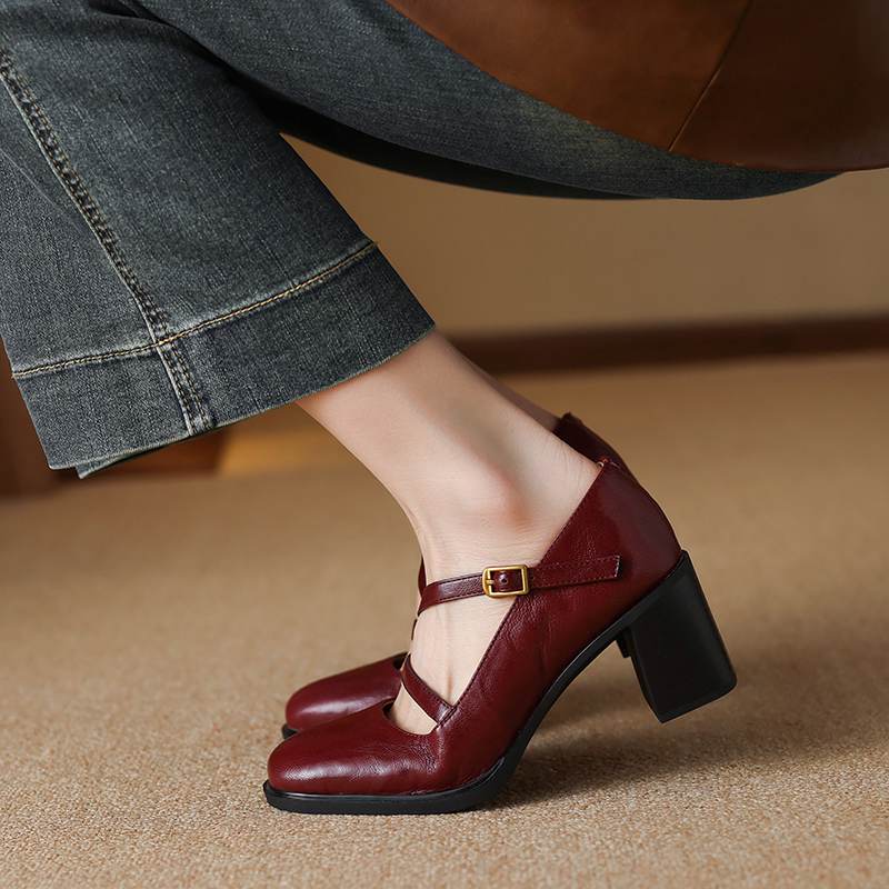 Krazing Pot Sheepskin Round Toe Size 41 Chunky High Heels Buckle Straps Vintage Autumn Pumps