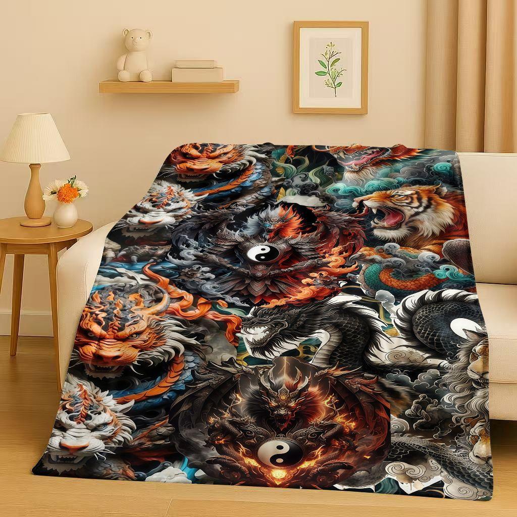 HD Yin Yang Element Dragon Chinese Loong Cartoon Flannel Blanket,Ultra Soft Warm Plush Throw for Home Bedroom Bed Sofa Cover Kid