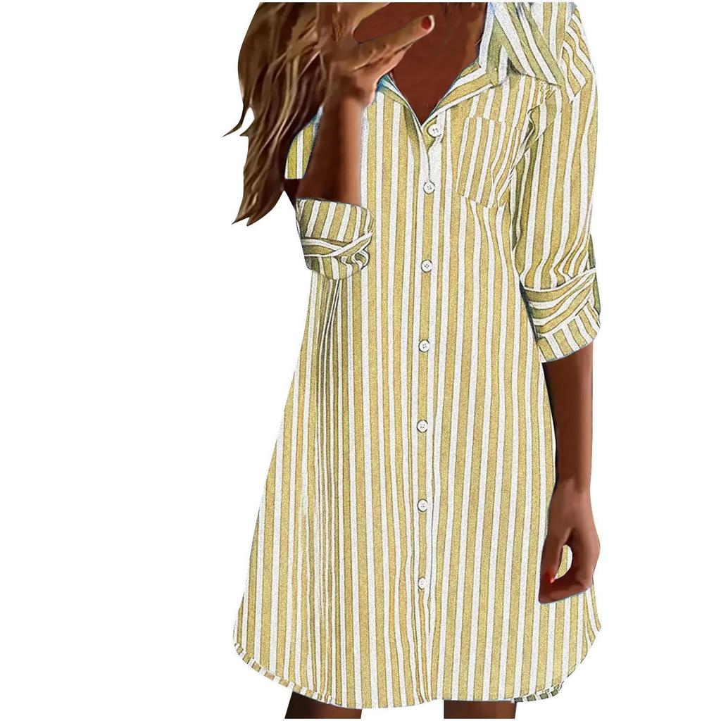 Ladies' Fashionable Striped Lapel Casual Long Sleeved Loose And Comfortable Button Up Dress