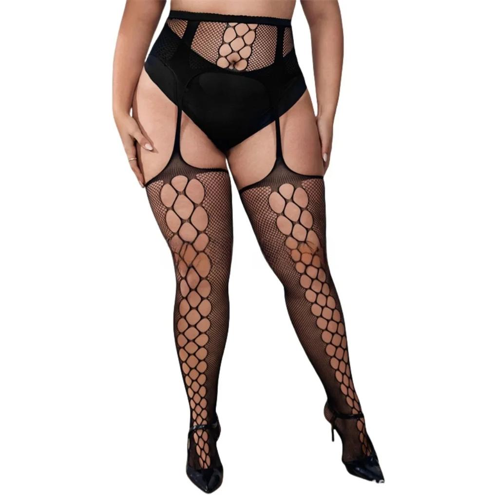 New Plus Size Black Lace Mesh Silk Stockings For Oversize Women Sexy Non-Slip Fishnet Thigh High Thin Socks Xl Spring Summer