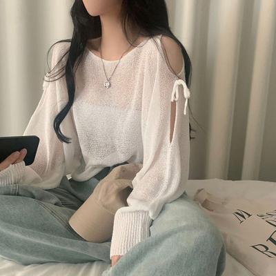 Autumn Hollowed Out Pullover Knitted Sweater with Korean Style Open Shoulder and Slit Loose Cover Long Sleeved Sun Protection Top for Women