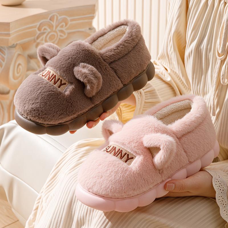 Cartoon rabbit ears root bag couple confinement hair shoes autumn and winter indoor home velvet warm thick-soled cotton slippers