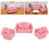 3Pcs   Sofa Set Pine Cloth Double Sofa 2 Single Sofa Light Color Strip  ature Sofa for 1:12 Doll House