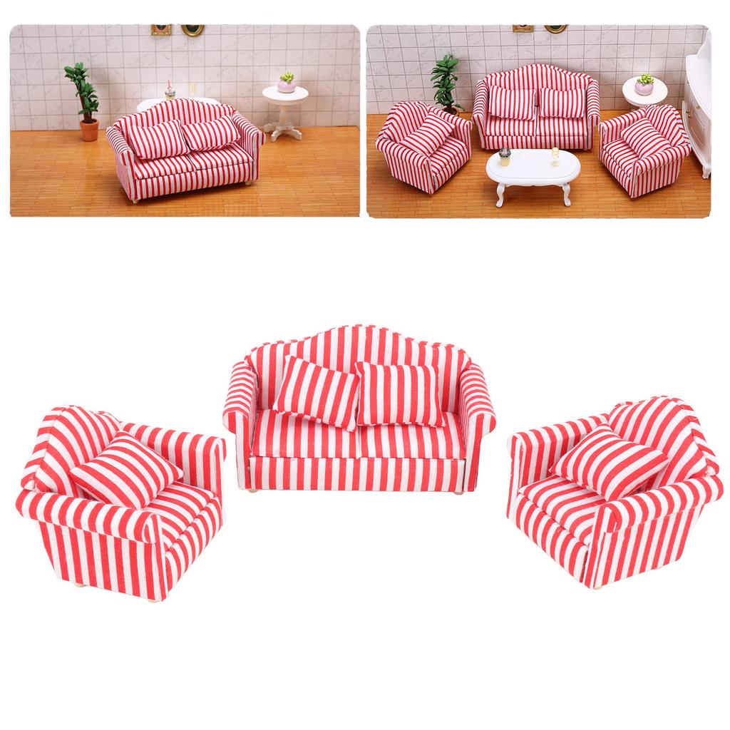 3Pcs   Sofa Set Pine Cloth Double Sofa 2 Single Sofa Light Color Strip  ature Sofa for 1:12 Doll House