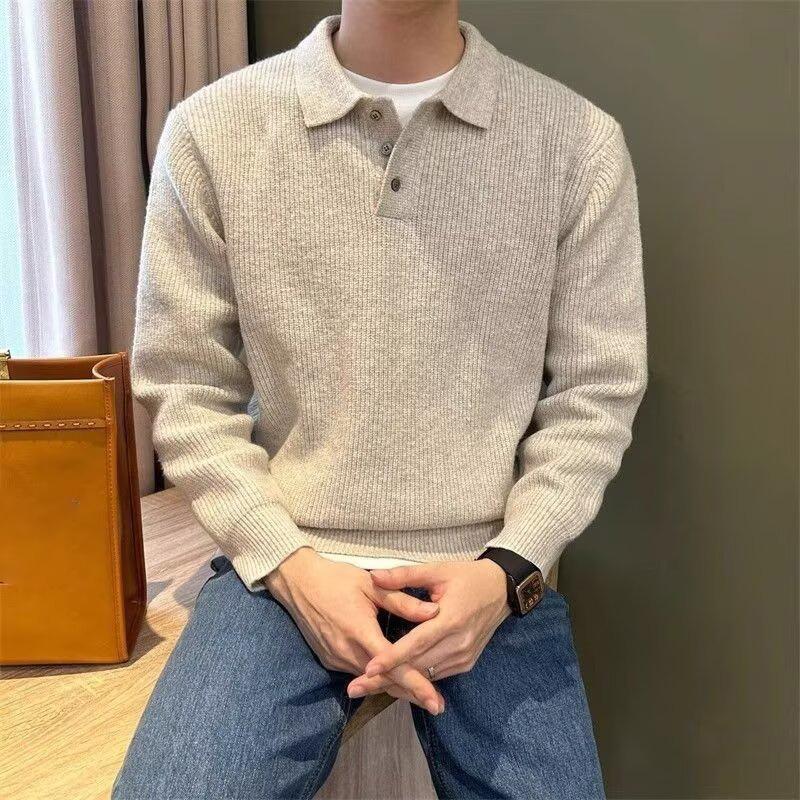 Men's Knit Sweater Autumn Winter Pullover Korean Soft Heavyweight Knit Polo Sweaters Minimalist Long Sleeve Solid Casual Top