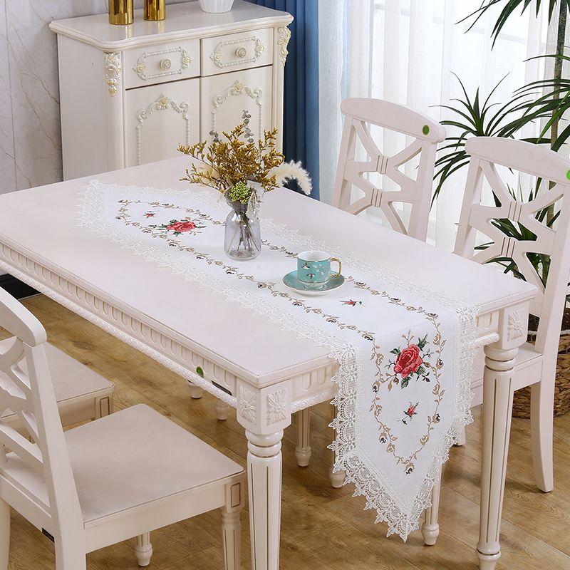 Minimally Embroidered Polyester Fabric Table Flag with Rural Style Art Flower Lace Edge Embroidered Table Flag European Light Luxury Tablecloth